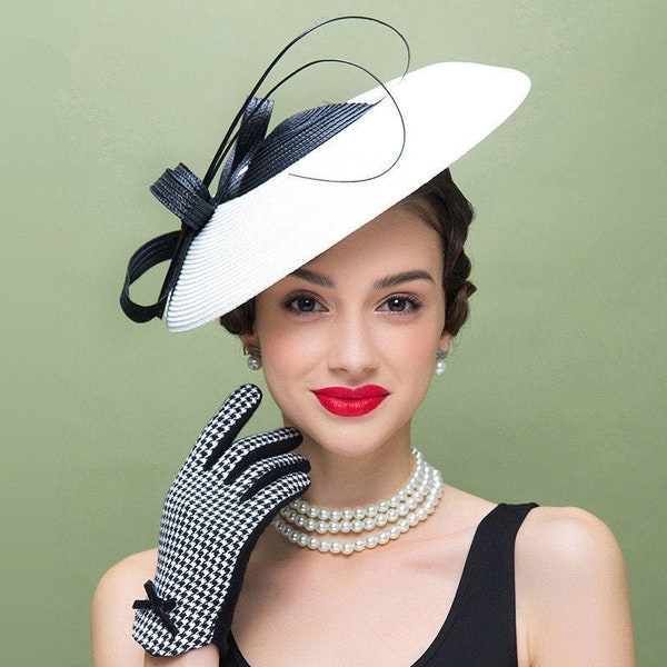 White with black Womens Kentucky Derby Fascinators Wedding Church Racing Cocktail Saucer Hats Headband Headpiece T427