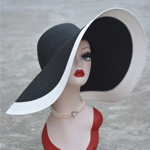 1pcs Black top with white Brim 7.1" Womens Kentucky Derby Wide Brim Straw Summer Floppy Sun Beach Hat Body Millinery Base A330