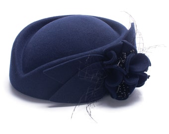 Navy Blue Womens Pillbox Hat Bridal Fascinator Wedding and Occasion Beret Wool Felt Kentucky Derby Wedding Race Royal Ascot A131