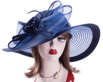 Navy Blue Womens Wide Brim Floppy Satin Ribbon Sun Hat Wedding Occasion Church Kentucky Derby A591