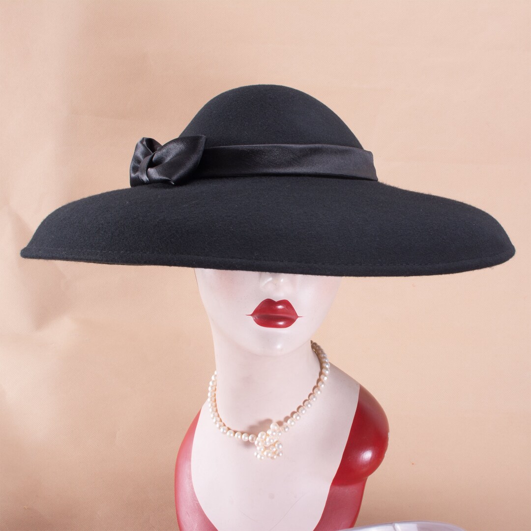 Black Funeral Hat for Women Wool Felt Wide Brim Disc Fascinator