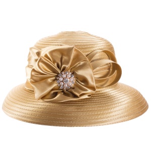 1pcs Gold Womens Crystal Satin Ribbon Dressy Church Designer Couture Bridal Kentucky Derby Hat A585