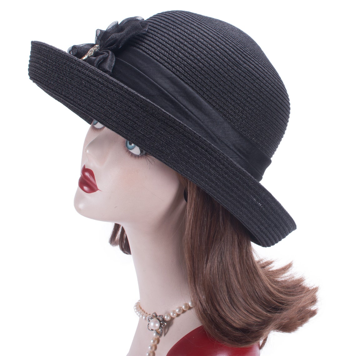 1pcs Black Upturned Brim Womens Floral Straw Church Wedding Etsy