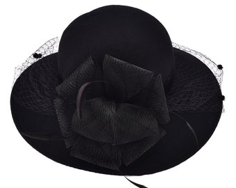 Black Funeral Hat for Women Velvet Hatband Wool Felt Floppy Wide Brim Dressy Wedding Occasion Church Bridal 's Mother Hat A322