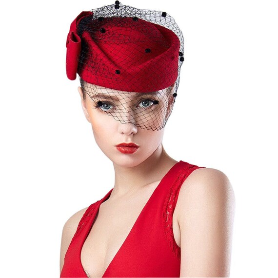 Red Veil Womens Fascinator Pillbox Felt 