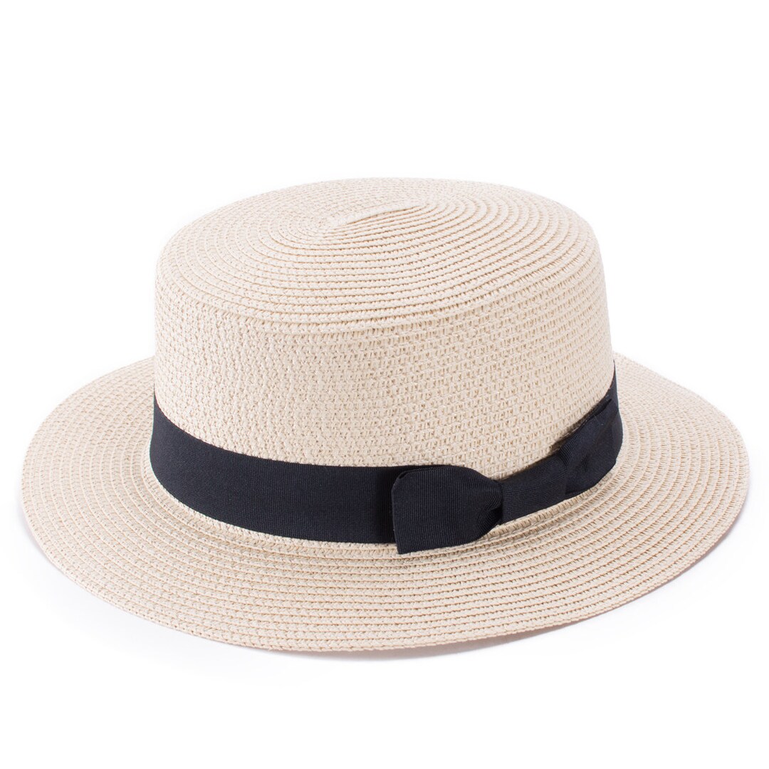 1pcs Beige Color Women Boater Sun Cap Ribbon Round Flat Top - Etsy