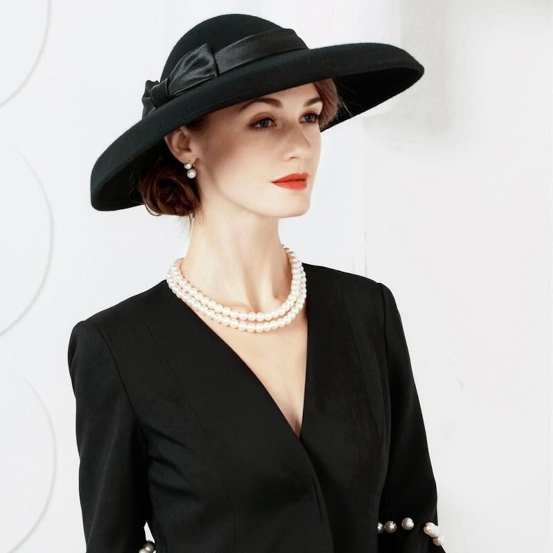 Black Funeral Hat for Women Wool Felt Wide Brim Disc Etsy