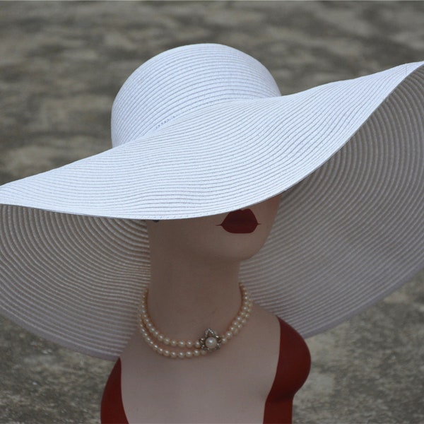 1 pièces blanc 7.1 "femmes Kentucky Derby à large bord paille été disquette soleil chapeau de plage corps chapellerie base A330