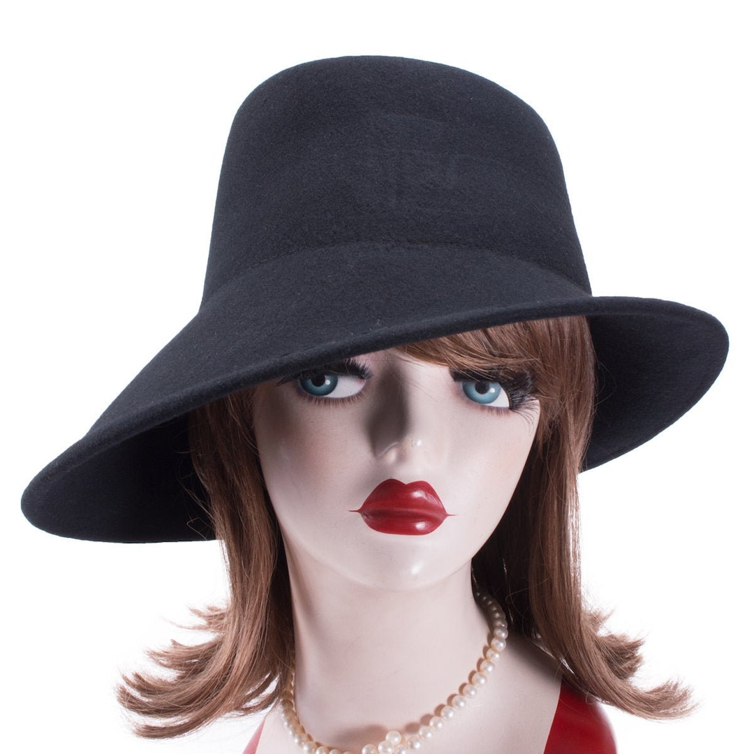 Black Funeral Hat Womens 100 Wool Felt Tilt Asymmetrical Brim Wedding
