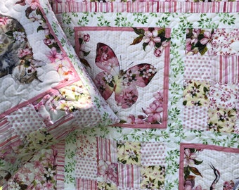 Quilt and Pillow Cover Set.  In the Beginning Fabrics -Pretty in Pink- Animals Flowers Butterfly Rabbit Panda