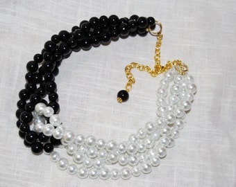 White and Black Statement  Multi-Strand Black and White Pearl Beaded Necklace Chunky Bold Bridesmaids Weddings