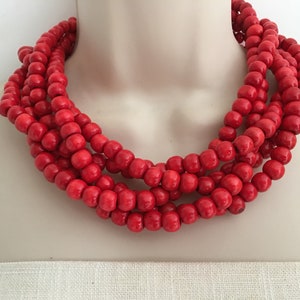 Red Wood Beaded Statement Necklace and Earrings Set