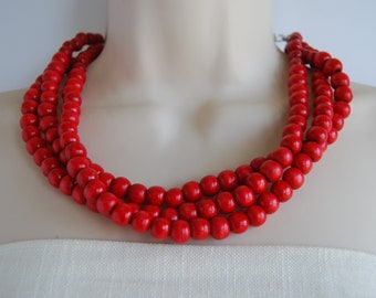 Red Statement Necklace, Red Three Strand Necklace, Red Wood Multi Strand Necklace, Red Beaded Necklace, Red Chunky, Wedding, Bridesmaid