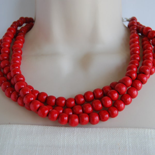 Red Statement Necklace, Red Three Strand Necklace, Red Wood Multi Strand Necklace, Red Beaded Necklace, Red Chunky, Wedding, Bridesmaid