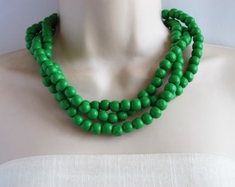 Grass Green Statement Necklace, Chunky Green Wood Beaded Necklace, Bold Multi-Strand Kelly Green, Wedding Jewelry, Bridesmaids Necklace