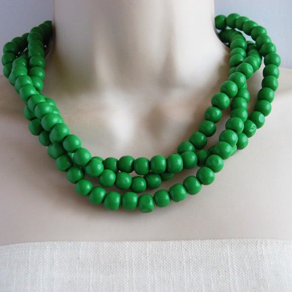Grass Green Statement Necklace, Chunky Green Wood Beaded Necklace, Bold Multi-Strand Kelly Green, Wedding Jewelry, Bridesmaids Necklace