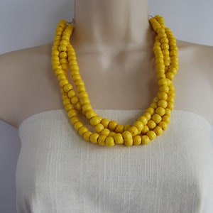 Yellow Statement Necklace, Yellow Three Strand Necklace, Yellow Wood Necklace, Yellow Beaded Necklace, Yellow Chunky, Wedding, Bridesmaid