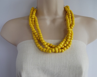 Yellow Statement Necklace, Yellow Three Strand Necklace, Yellow Wood Necklace, Yellow Beaded Necklace, Yellow Chunky, Wedding, Bridesmaid