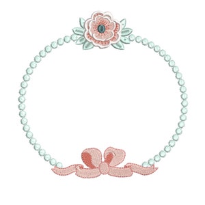 May include: A circular frame made of white pearls with a pink flower and green leaves at the top and a pink bow at the bottom. The text "Jaxon and Jill" is at the bottom of the image.