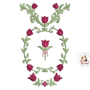 Tulips Laural machine embroidery, Floral machine embroidery, kitchen towel and table runner tulip spring design- Hoop size 4x7, 6x10, 7x12