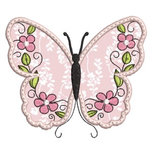 May include: A pink butterfly with a floral pattern and white accents. The butterfly has a black body and antennae.