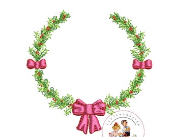 May include: A digitally created wreath design featuring green leaves, red berries, and three pink bows. The wreath is circular and has a white background. A small circular logo with text is in the lower right corner.