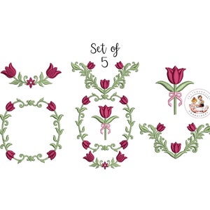 Tulips floral frame machine embroidery bundle, Floral machine embroidery, Tulips embroidery floral monogram border-instant download