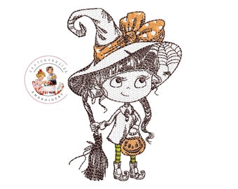 Friendly Witch Machine Embroidery Design: Halloween Sketch Stitch (5x7, 8x8, 6x10)
