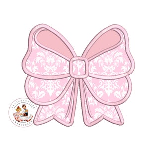 May include: A pink bow with a white damask pattern. The bow is outlined in a darker pink.