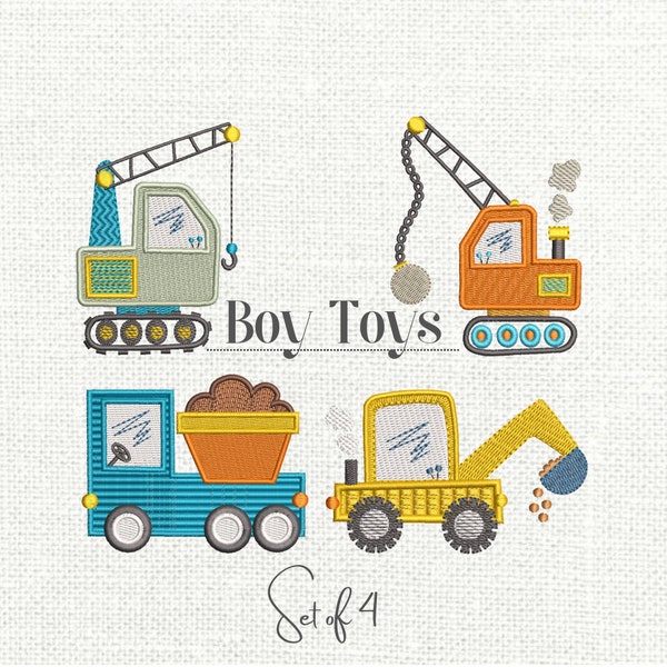 Construction vehicles machine embroidery designs, boy toys, digger, dump truck, wrecking ball, crane embroidery patterns