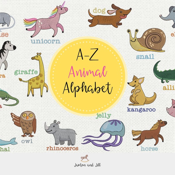 Animal alphabet machine embroidery pack, kids digital machine embroidery designs, zoo safari alphabet font, set of 26, cute animals file