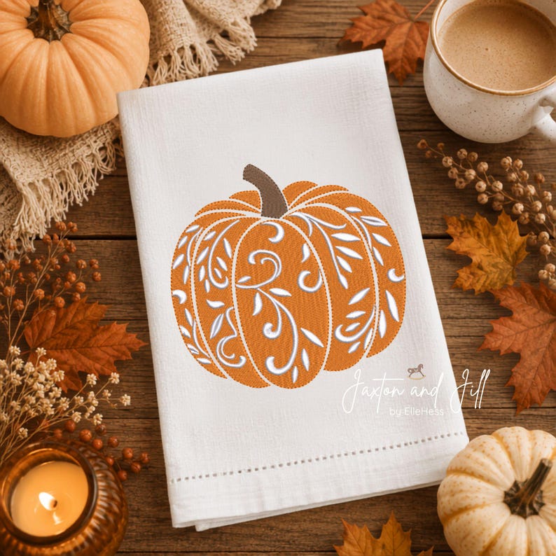 Floral Fall Pumpkin embroidery file, machine embroidery sketch pumpkin, halloween pumpkin, autumn embroidery, jack-o-lantern design