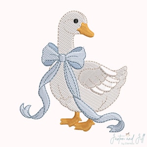 May include: An embroidery design of a white goose with a light blue striped bow around its neck. The goose has a yellow beak and yellow webbed feet. The text Jaxton and Jill by ElleHess is printed in the bottom right corner of the image.