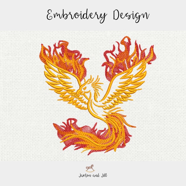 Phoenix rising flames machine embroidery design, fiery phoenix, colorful bird machine embroidery, flaming bird embroidery file