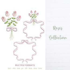 May include: A digital embroidery design set titled Roses Collection featuring a bouquet of four pink roses with green stems tied with a light pink ribbon, and two decorative frames formed by light pink ribbons topped with small pink rose buds.