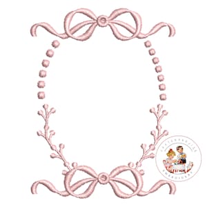 Pode incluir: Moldura oval bordada em rosa com dois laços e uma borda de contas. A moldura é decorada com desenhos florais. O texto "Stitch and Zill Embroidery" é visível no canto inferior direito.