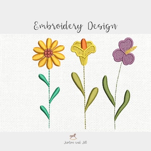May include: Embroidery design featuring three stylized flowers. A yellow daisy with a red center, a yellow trumpet flower, and a purple flower with a yellow center.