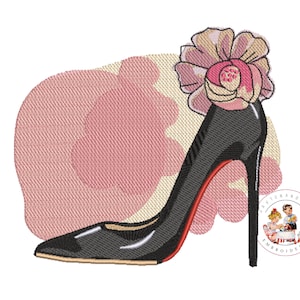 May include: A black high-heeled shoe with a red sole and a pink flower on top. The shoe is on a pink and white background.