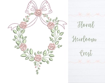Heirloom Rose Crest Embroidery Design, Baby Linen Digital Download, Christening Nursery Pillow Accent
