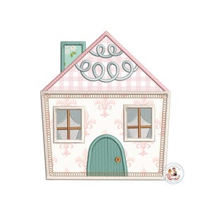 May include: A pink and white house with a green door and windows. The roof has a pink and white checkered pattern and a decorative swirl design. The house is surrounded by a white border.