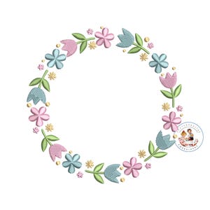 Floral tulip circle frame machine embroidery design, flower monogram frame, girl embroidery design, Tulips embroidery file -instant download