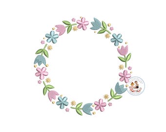 Floral Tulip Circle Frame Machine Embroidery Design (Instant Download)
