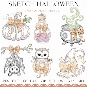 May include: A digital embroidery design set titled SKETCH HALLOWEEN EMBROIDERY DESIGN featuring six line-art illustrations: a pumpkin, a potion bottle, a cauldron with green steam, a hanging bat, an owl in a pumpkin, and a witch hat, all accented with gold bows.