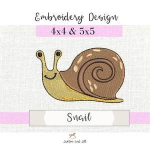 Peut inclure: Broderie d'un escargot brun et jaune avec un visage souriant. Le motif est disponible en tailles 4x4 et 5x5. Le texte "Snail" est sous l'image.