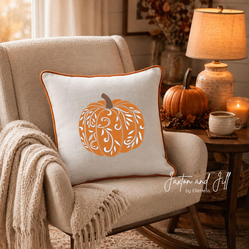 Floral Fall Pumpkin embroidery file, machine embroidery sketch pumpkin, halloween pumpkin, autumn embroidery, jack-o-lantern design