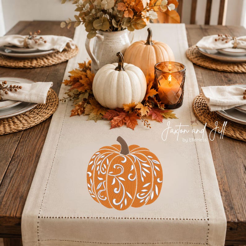 Floral Fall Pumpkin embroidery file, machine embroidery sketch pumpkin, halloween pumpkin, autumn embroidery, jack-o-lantern design