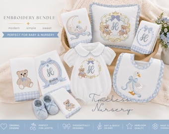 Nursery Embroidery Design Bundle, Teddy Bear and Goose Motifs, Heirloom Monogram Frames