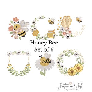 May include: Set of six embroidered designs featuring bees, flowers, and honeycombs. The designs include a bee with flowers, floral wreaths, and a bee sleeping on a daisy. The text "Honey Bee Set of 6" is displayed.
