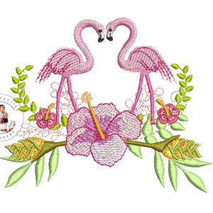 Flamingo Hibiscus Embroidery Design: Tropical Floral Spray (Instant Download)