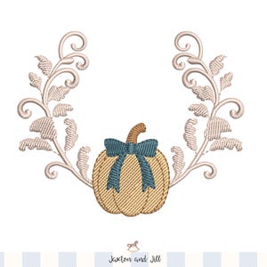 May include: Embroidered design featuring a tan pumpkin with a teal bow, centered within a cream-colored floral wreath. The design is set against a white background, with the text "Jaxton and Jill" at the bottom.